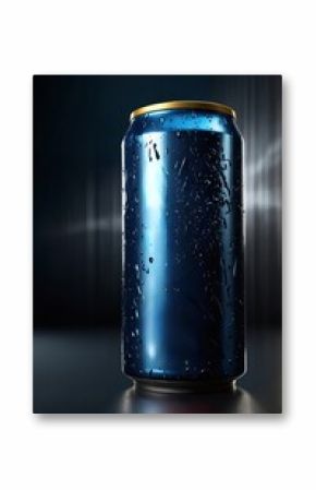 Cool blue can of soda with condensation, placed on dark surface in a dimly lit environment