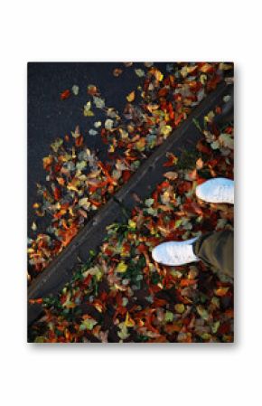 White Sneakers Walking on Autumn Leaves Along a Curb