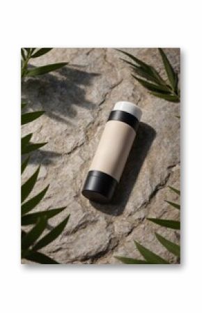 Natural skincare product resting on textured stone, surrounded by green leaves in a serene setting