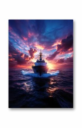 Warship sunset ocean voyage.