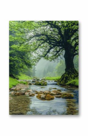 serene misty forest scene featuring large tree with lush green leaves beside tranquil stream. water flows gently over smooth stones, creating peaceful atmosphere
