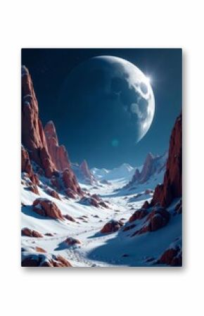 Rocky moon surface with futuristic structures, barren, desolate