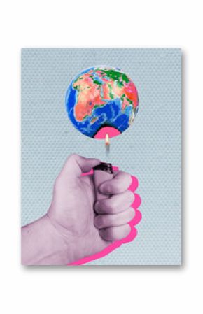 Collage photo of hand hold lighter blaming sphere planet earth killing environment flame melts oceans global warming isolated on grey background