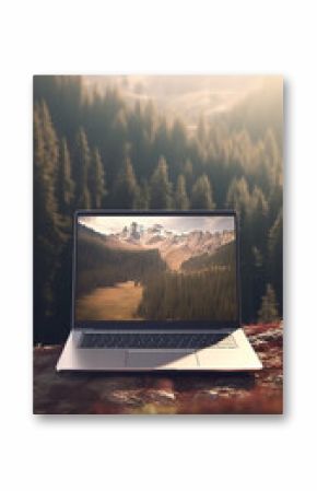 Laptop with an image of a mountain scene in the forest, in the middle of nature. love of the land, adventure. to camp. vacation. made with ai