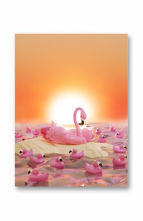 3d magazine creative collage of birds flock swimming on exotic sea island under sunshine red color twilight sky