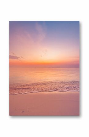 Closeup sea sand beach. Panoramic beach landscape. Inspire tropical seascape waves horizon. Colorful sunset sky calm serenity tranquil relaxing sunlight summer coast. Vacation travel beautiful banner