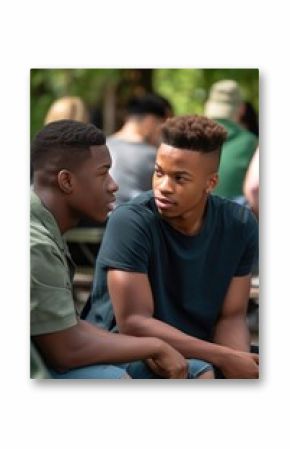 shot of two young men having a discussion during a community service event