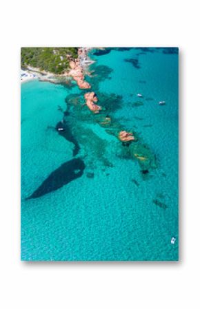 Aerial drone view of the Cea beach with the Red Rocks, Sardinia, Italy