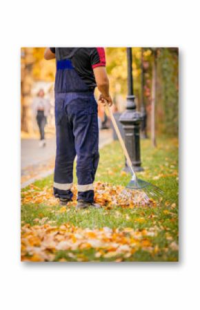 Anonymous male worker using fan rake to gather fallen leaves, seasonal work in Autumn
