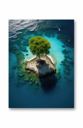 An island with a tree on it in the middle of the ocean. AI