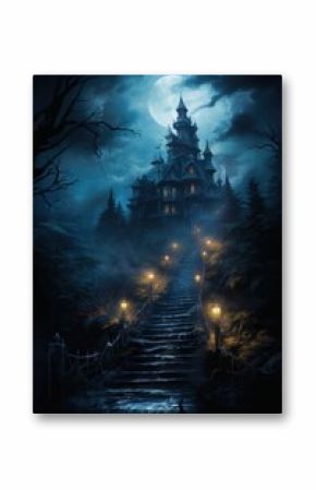 Haunted Mansion at Night: A Spooky Staircase Shrouded in Fog