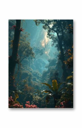 Sparkly shiny stars in bright star - filled glittery coral nebula with gas clouds forming leafy tropical trees in twinkling stars inside lush green bright tropical jungle filled with stars in the hear