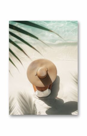 Aerial view of girl sitting with hat on a white sandy coast, blue ocean and shadows from palm leaves. Generative AI