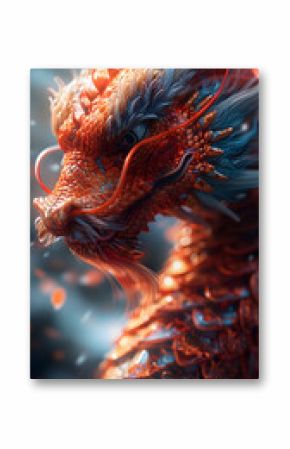 a close up of a red and blue dragon with a long tongue sticking out
