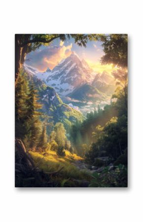 summer feeling with beautiful mountain trees and alpine peak in divine sun rays middle of jungle, poster design