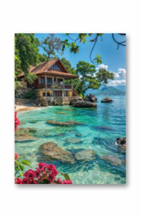 petite maison en bois au bord de l'eau dans un paysage tropical paradisiaque
