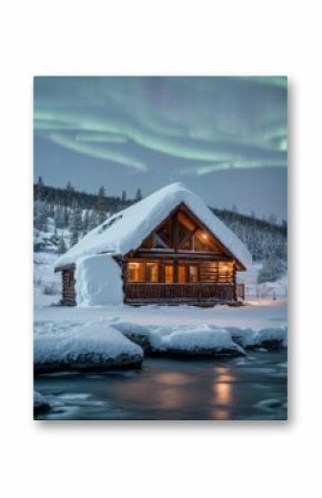 Warmly lit snowy riverside cabin under faint aurora twilight sky 