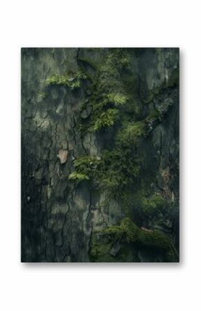 Lush green mossy forest with old tree log background for product display montages. Blurred green forest background in beautiful sunshine, vertical landscape.