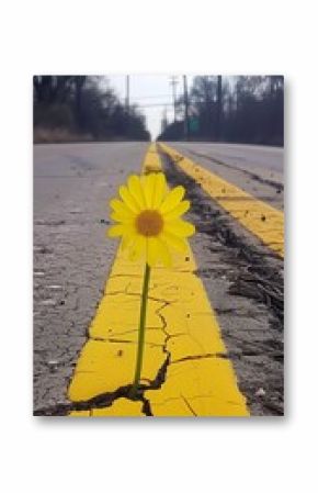 Yellow daisy thriving on a cracked road, symbol of hope