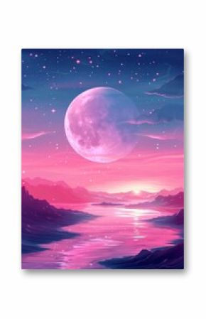 A dreamy pink fantasy realm, illuminated by a glowing moon and twinkling stars, beckons the imagination to explore its magical terrain.