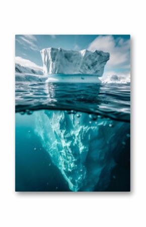 iceberg in the northern open sea in half under water view with giant bottom under water of blue sea