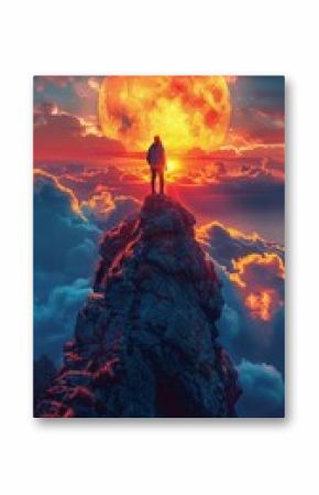 Man Standing on Mountain, Watching Sunset