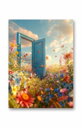 Strikingly blue door stands open in a field, with flowers seemingly floating around