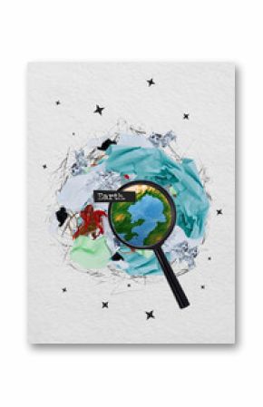 Sketch artwork trend composite 3d collage photo of huge garbage heap instead of planet earth eco global problem loupe shows piece