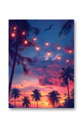 string, palm trees, and tropical sunset sky background