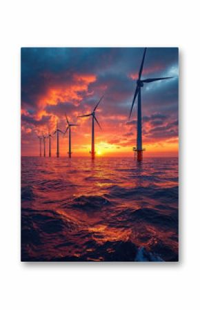 Offshore wind turbines at sunset. Generative AI image