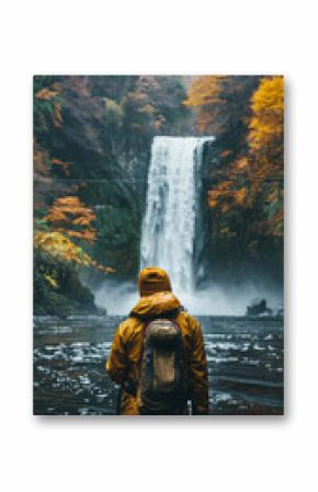 Person With Backpack Standing in Front of Waterfall