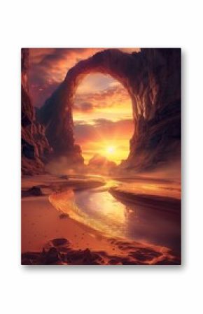fantasy mountain at sunset, artistic illustration of curved cliff with entrance hole and dramatic sky, scenic canyon at desert