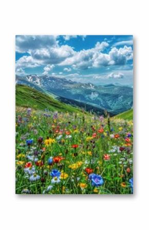 Bright colors, nature, vast grasslands, colorful flower seas, red, yellow, blue, and other colors of flowers, mountain slopes, 