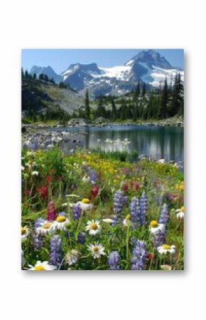 Alpine tranquility with wildflowers and mountain lake