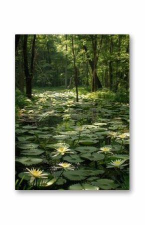 Mystical and magical lily pond in the middle of a dense forest
