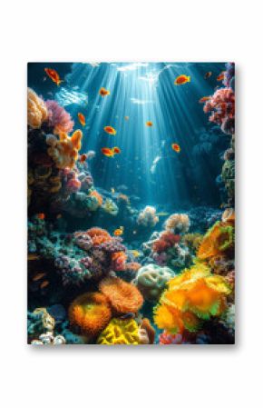 A vibrant underwater coral reef scene, with sunbeams breaking through the water's surface 
