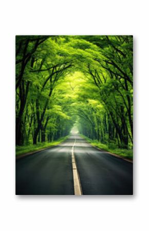 A long road towards the horizon through a green forest
