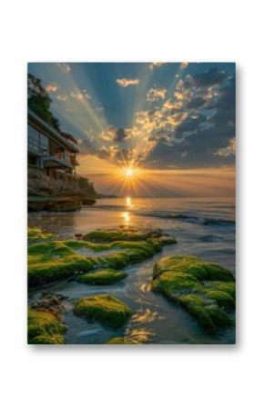 Sunset on the beach with mossy rocks in the sea
