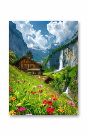 A green landscape in Switzerland surrounded with colourful flowers and waterfalls