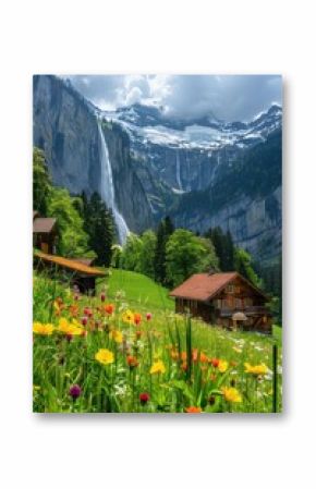 A green landscape in Switzerland surrounded with colourful flowers and waterfalls