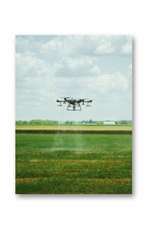 Agricultural drones spraying crops, distribute pesticides, herbicides and fertilizers efficiently and precisely. Aerial view of a drone moderning over farm fields, modern farming.