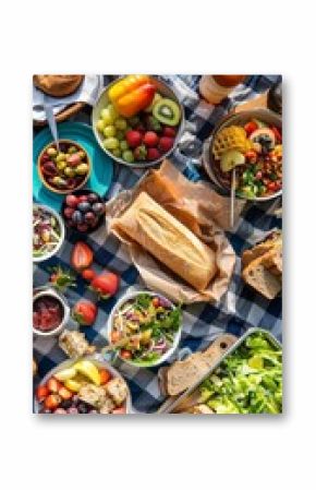 Healthy picnic spread with fresh fruits and vegetables on a checkered blanket. Perfect for summer gatherings.