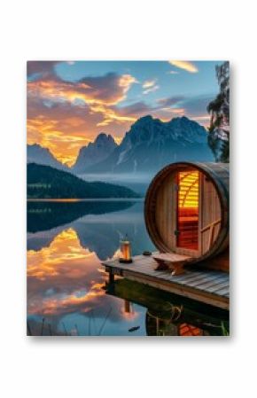 Peaceful Sunset over a Wooden Barrel Sauna on a Lake with Mountain Reflections for Tranquil Retreat Posters