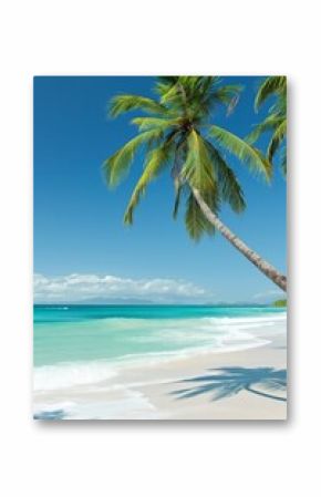 A breathtaking seascape featuring a sandy beach, palm trees, and tranquil turquoise waters under a clear blue sky.