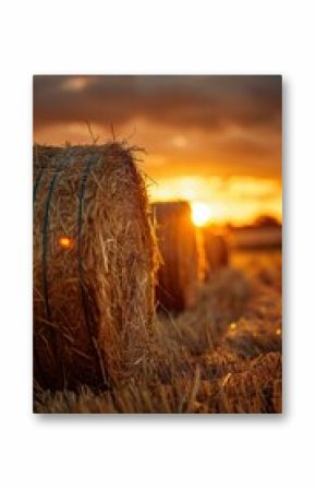 A hay bales are sitting in a field at sunset. AI.