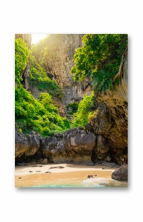 Hidden sandy beach in Phra Nang cave with nobody, Railay Bay, Krabi, Thailand. Secret tropical beach with turquoise water, green plants and rocks. Summer holiday background. Vertical orientation