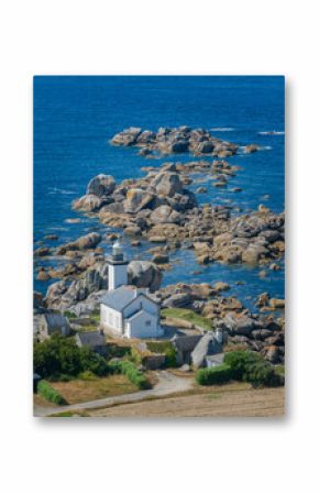 Aerial view of Pontusval Lighthouse and the beaches. Plounour-Brignogan-Plages, France. Rocks singularly shaped. Boats moored in the Atlantic Ocean