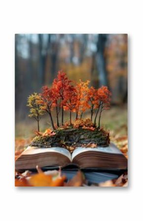 An open book with miniature autumn trees growing from its pages