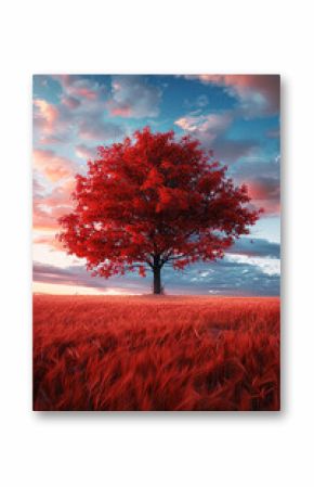 A single red tree standing in a field of red grass under a vibrant sky, symbolizing solitude and beauty.