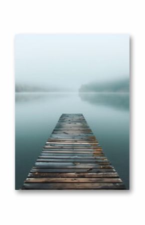 A wooden bridge spans a body of water, with a foggy sky above. The scene is serene and peaceful, with the water reflecting the sky and the bridge